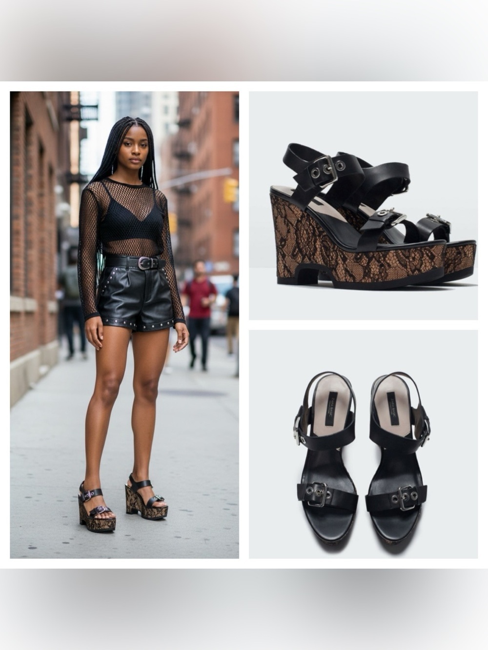 Zara Black Lace-Print Wedge Sandals - Women's Platform Heels size 36 US 5.5